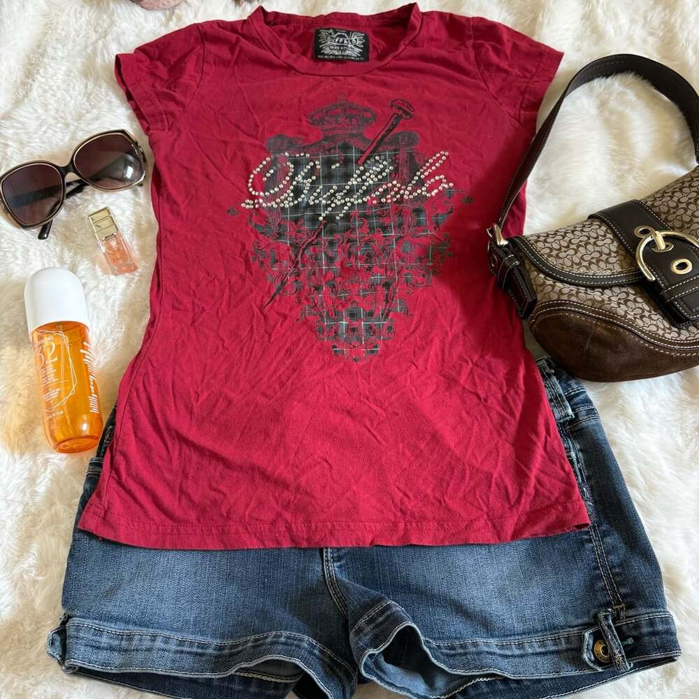 Buffalo David Bitton T-Shirt Size XS Red Rhinestone Shield Logo